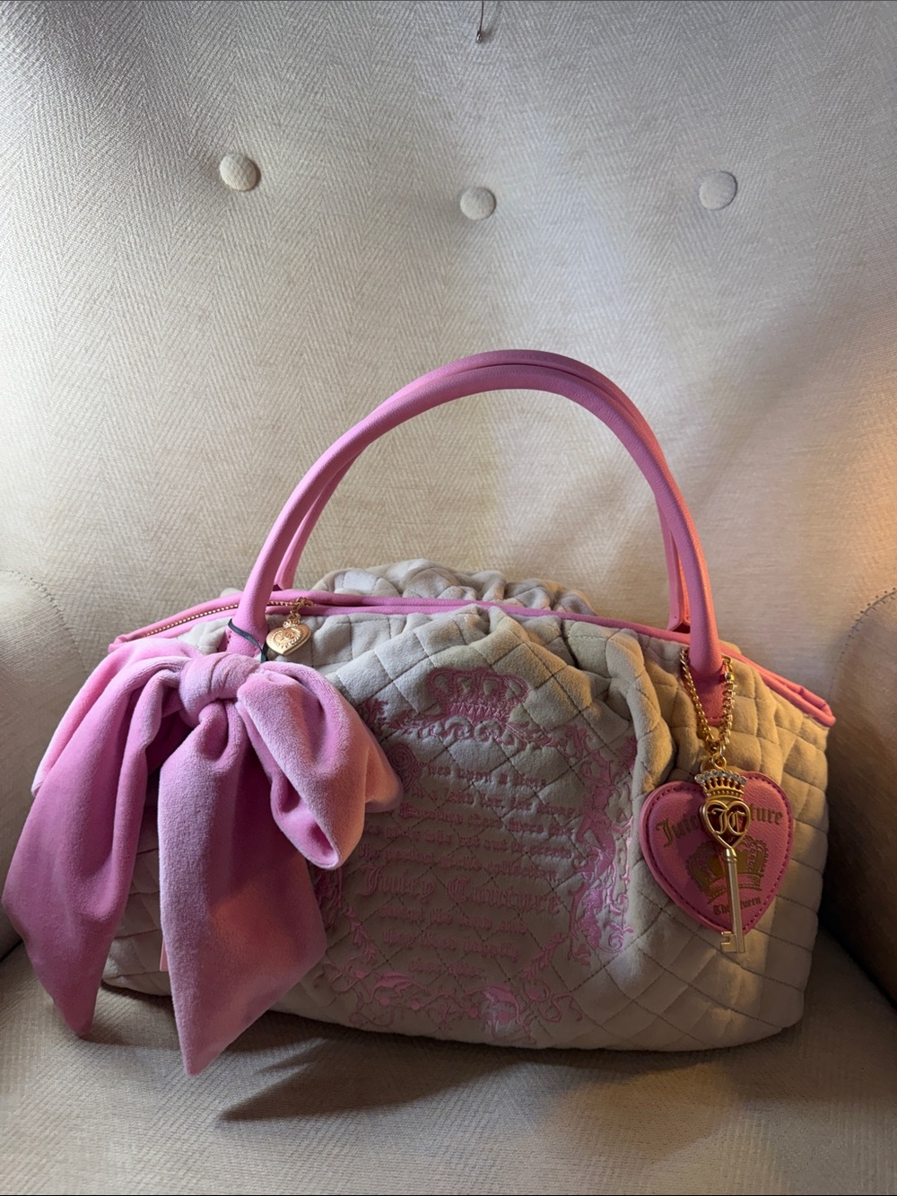 Juicy Couture Pink & Cream Quilted Satchel with Bow Accent